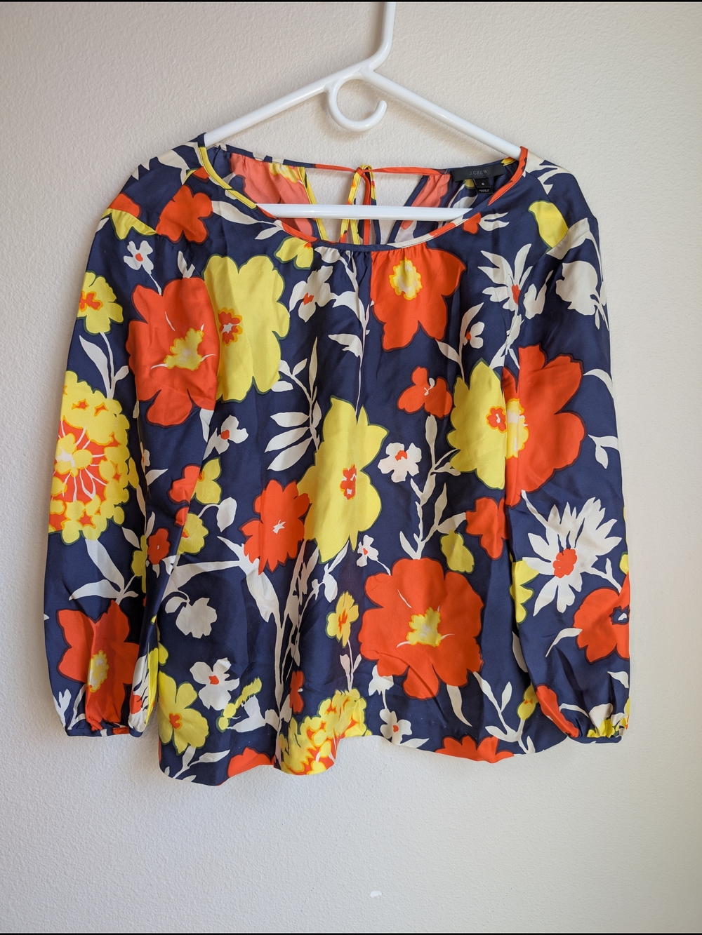J. Crew Navy Floral Peasant Blouse with Yellow & Orange Blooms Women's Size 6